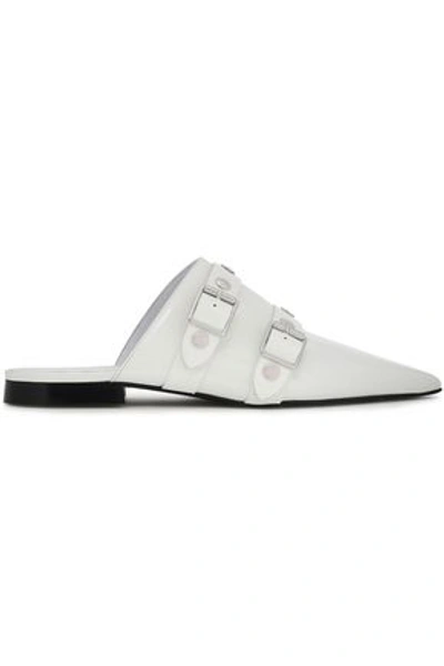 Shop Victoria Beckham Buckled Studded Patent-leather Slippers In White