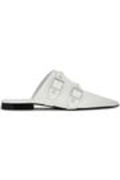 Shop Victoria Beckham Buckled Studded Patent-leather Slippers In White