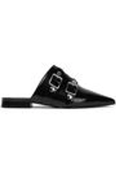 Shop Victoria Beckham Buckled Studded Patent-leather Slippers In Black