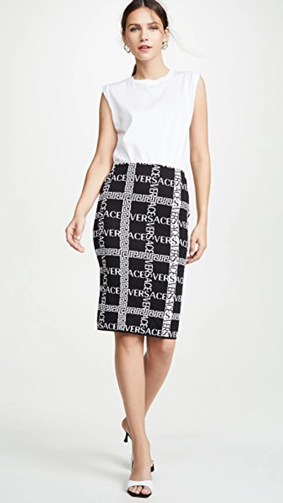 Shop Versace Logo Plaid Pencil Skirt In Black/white