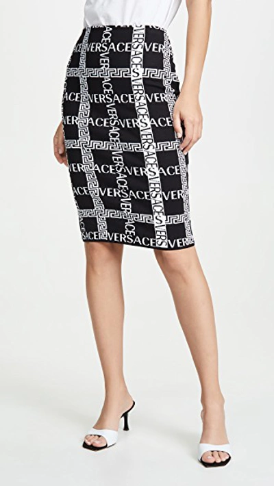 Shop Versace Logo Plaid Pencil Skirt In Black/white