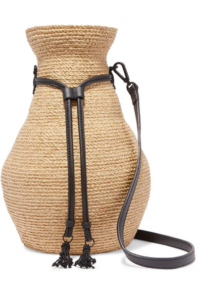 Shop Albus Lumen + Helen Kaminski Figura Leather-trimmed Raffia Shoulder Bag In Beige