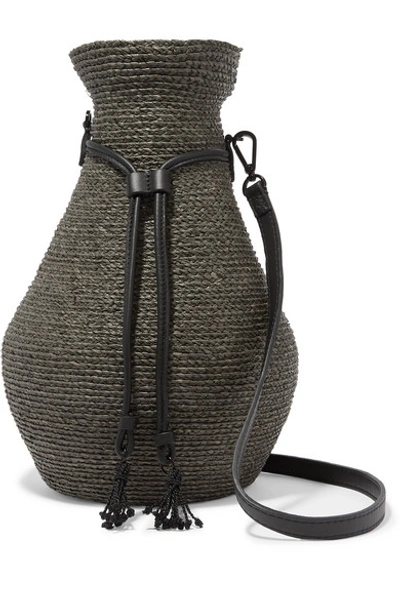 Shop Albus Lumen + Helen Kaminski Figura Leather-trimmed Raffia Shoulder Bag In Army Green