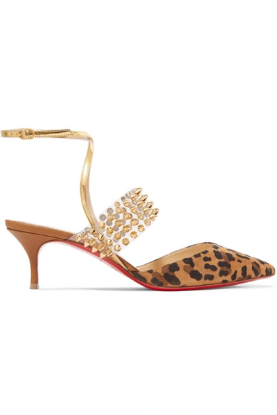 Shop Christian Louboutin Levita 55 Spiked Pvc, Mirrored-leather And Leopard-print Suede Pumps In Leopard Print