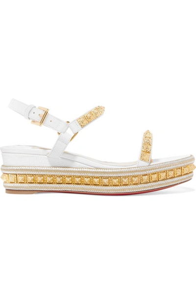 Shop Christian Louboutin Pyraclou 60 Studded Lizard-effect Leather Wedge Sandals In White