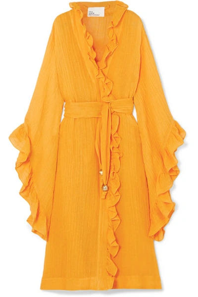 Shop Lisa Marie Fernandez Anita Ruffled Linen-blend Gauze Wrap Dress In Orange
