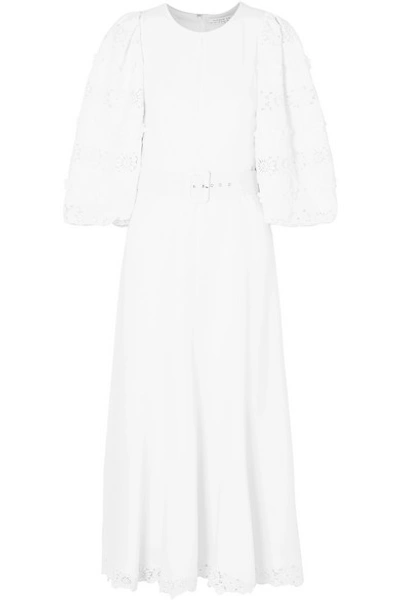Shop Andrew Gn Belted Lace-trimmed Appliquéd Crepe Midi Dress In White