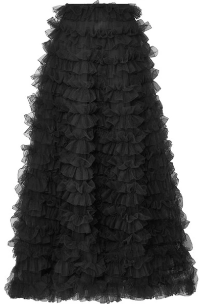 Shop Valentino Tiered Ruffled Chiffon Maxi Skirt In Black