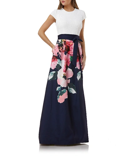 Shop Carmen Marc Valvo Infusion Sequin-bodice Cap-sleeve Gown W/ Floral-print Skirt In White/navy