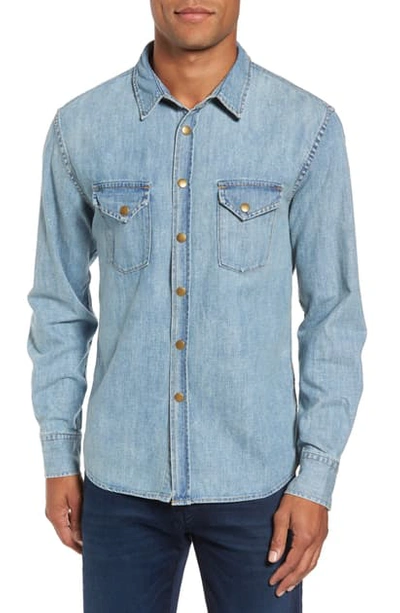 Shop Billy Reid Distressed Denim Slim Fit Western Shirt In Denim Wash