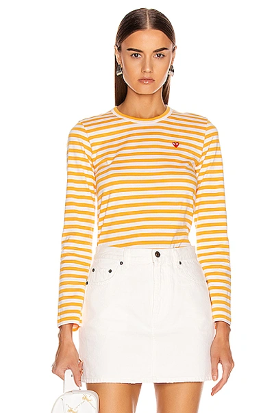Shop Comme Des Garçons Play Comme Des Garcons Play Small Red Heart Striped Tee In Yellow