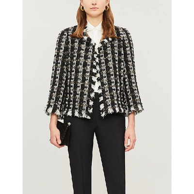 Shop Oscar De La Renta Checked Sequin-embellished Tweed Jacket In Black