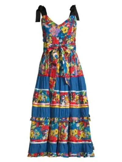 Shop Alice And Olivia Gayla Floral Tiered A-line Midi Dress In Colorful Blossom Riviera