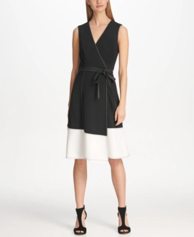 Shop Dkny Contrast Stitch Colorblock Faux Wrap Dress In Black/ivory
