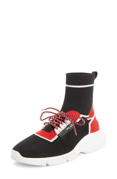 Shop Prada High Top Sock Sneaker In Black/ Red