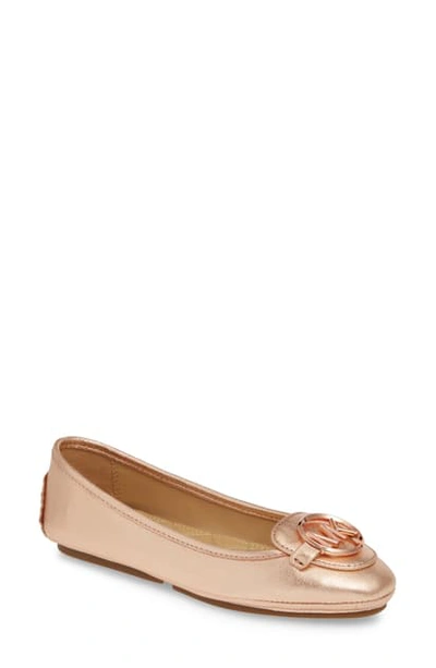 Shop Michael Michael Kors Lillie Logo Ballet Flat In Rose Gold Tumbled Leather
