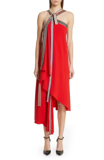 Shop Monse Grosgrain Tie Neck Asymmetrical Midi Dress In Red