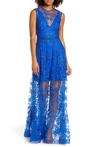 Shop Bronx And Banco Olympia Floral Sheer Column Gown In Cobalt