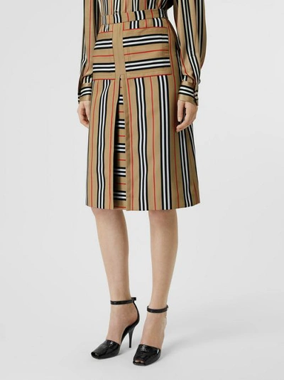 Shop Burberry Box Pleat Detail Icon Stripe A-line Skirt In Archive Beige