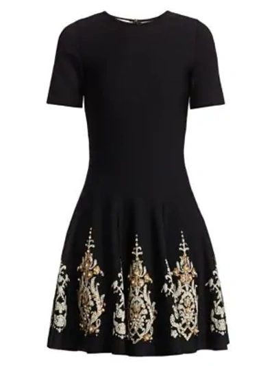 Shop Oscar De La Renta Embroidered Hem Fit-&-flare Dress In Black Gold