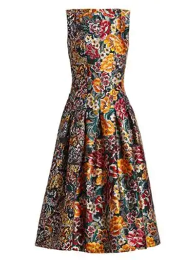Shop Oscar De La Renta Multi Floral Jacquard Sleeveless A-line Dress In Juniper Multi
