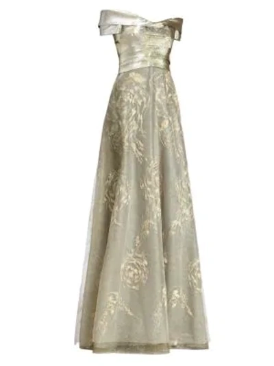 Shop Rene Ruiz Collection Off-the-shoulder Embroidered Metallic Ball Gown In Gold