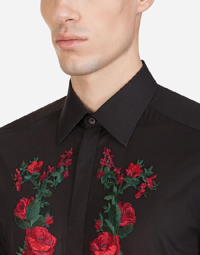 Shop Dolce & Gabbana Cotton Gold-fit Shirt With Rose Patches In Black