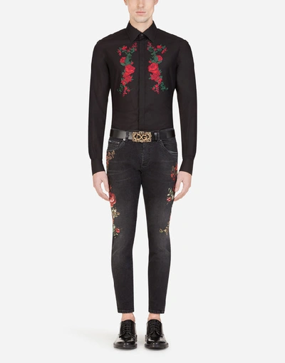 Shop Dolce & Gabbana Cotton Gold-fit Shirt With Rose Patches In Black