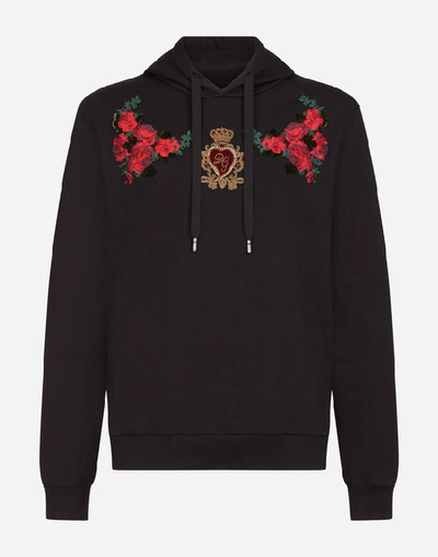 Shop Dolce & Gabbana Cotton Hoodie With Floral Patch In Black
