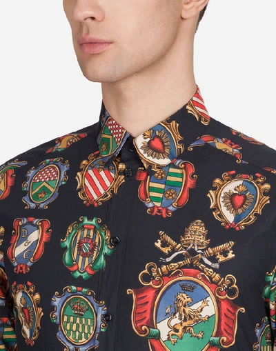 Shop Dolce & Gabbana Cotton Martini-fit Shirt With Emblem Print In Blue