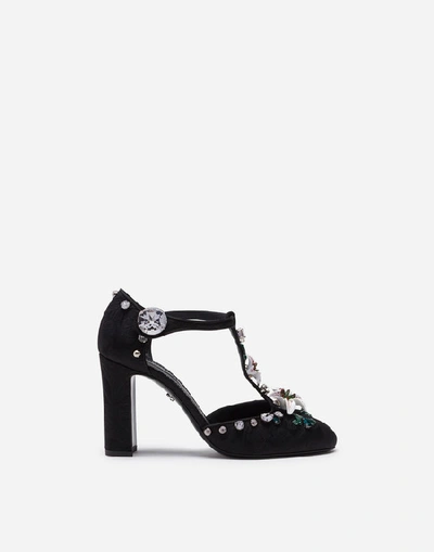 Shop Dolce & Gabbana Brocaded T-strap Shoes With Embroidery In Black