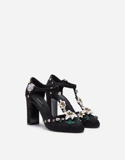 Shop Dolce & Gabbana Brocaded T-strap Shoes With Embroidery In Black