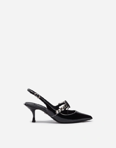 Shop Dolce & Gabbana Shiny Calfskin Lori Slingbacks With Bejeweled Detail In Black