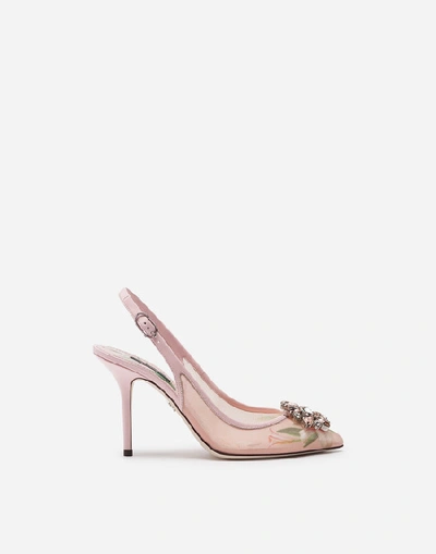 Shop Dolce & Gabbana Lily-print Mesh Slingbacks With Brooch Detail In Pink