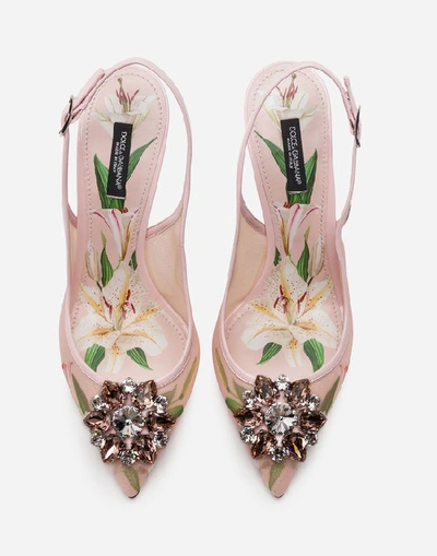 Shop Dolce & Gabbana Lily-print Mesh Slingbacks With Brooch Detail In Pink