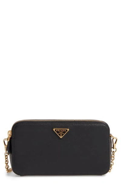 Shop Prada Small Double Compartment Zip Saffiano Leather Crossbody Bag - Black In Nero