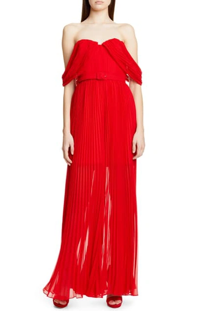 Shop Self-portrait Pleated Off The Shoulder Jumpsuit In Dark Red