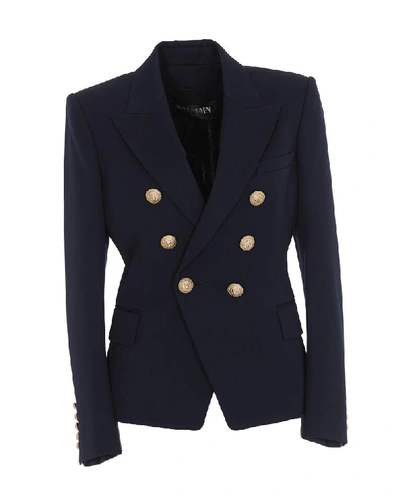 Shop Balmain Fitted Double Breasted Blazer In Blue