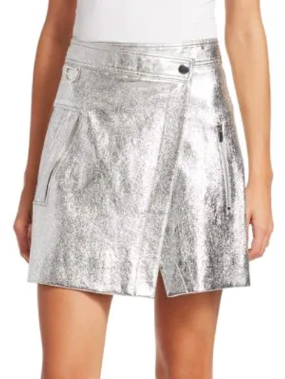 Shop Derek Lam 10 Crosby Metallic Leather Wrap Mini Skirt In Silver