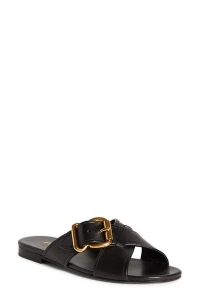 Shop Prada Buckle Slide Sandal In Black Leather
