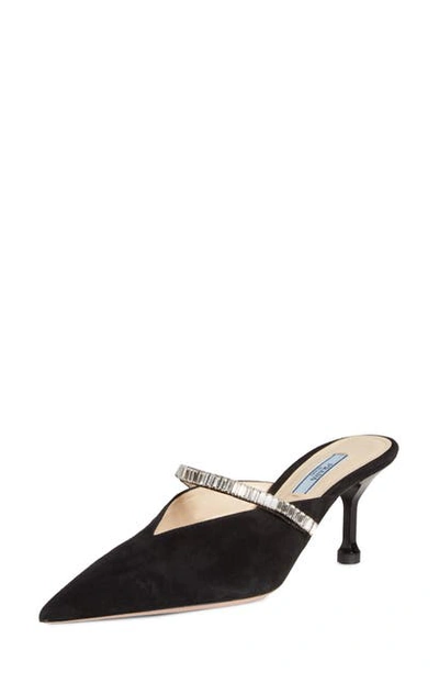 Shop Prada Crystal Embellished Pointy Toe Mule In Black Suede