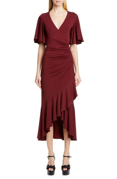 Shop Michael Kors Ruffle Faux Wrap Midi Dress In Burgundy