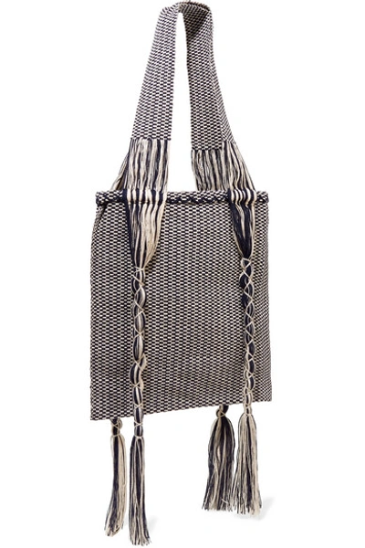 Shop Sophie Anderson Joss Fringed Woven Tote In Midnight Blue