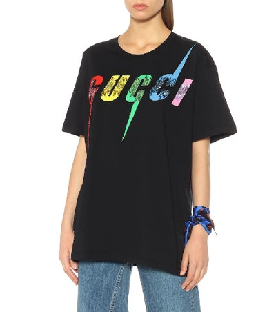 Shop Gucci Sequinned Logo Cotton T-shirt In Black