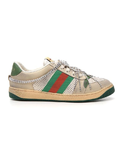 Gucci White & Off-white Crystal Screener Sneakers In Ivory