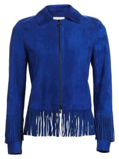 Shop Akris Punto Fringe Hem Suede Jacket In Electric Blue