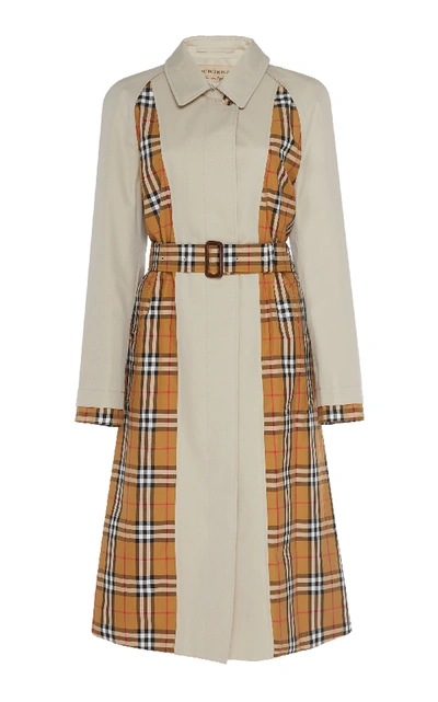 Shop Burberry Guiseley Check-paneled Cotton-gabardine Trench Coat In Neutral