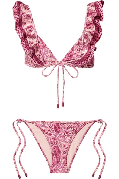 Shop Zimmermann Amari Ruffled Printed Bikini In Magenta