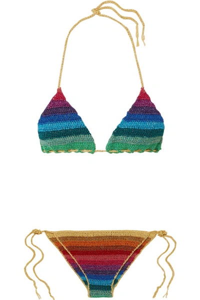 Shop Rose Carmine Raye Metallic Striped Crochet-knit Triangle Bikini In Blue