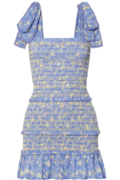 Shop Loveshackfancy Belle Shirred Floral-print Cotton-voile Mini Dress In Light Blue